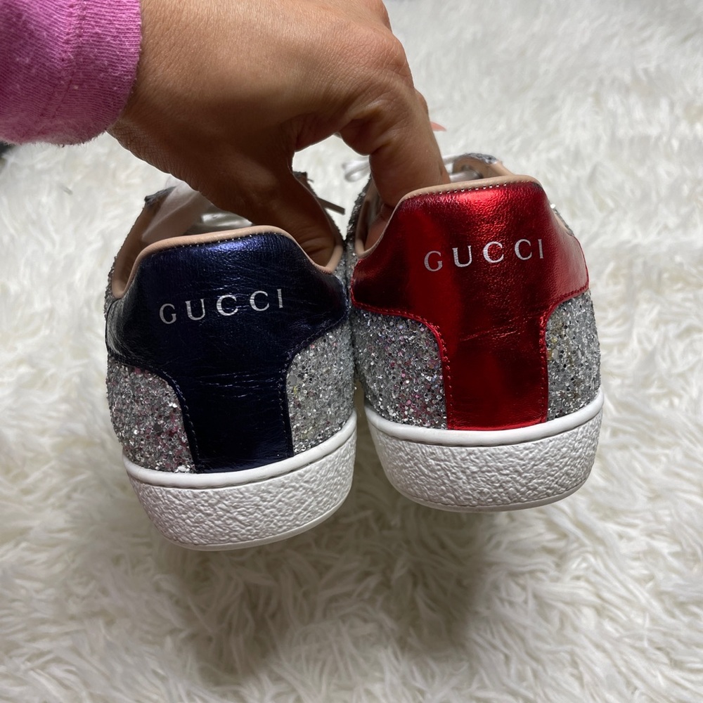 Gucci Silver Glitter Sneakers with Pink and Black Web - Picture 4 of 11